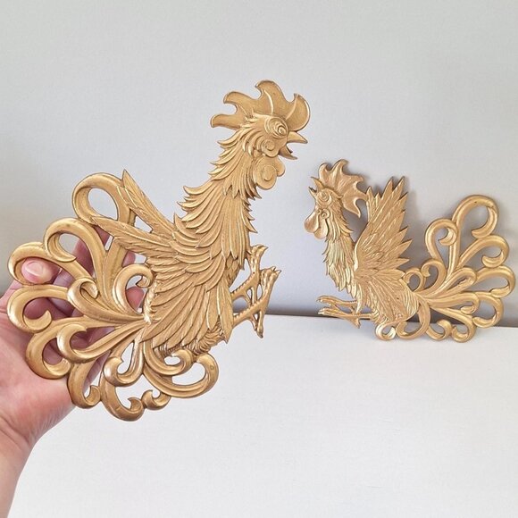 Vintage Gold Rooster Wall Art - MCM Fighting Chicken Bird Set faux brass - Picture 1 of 3